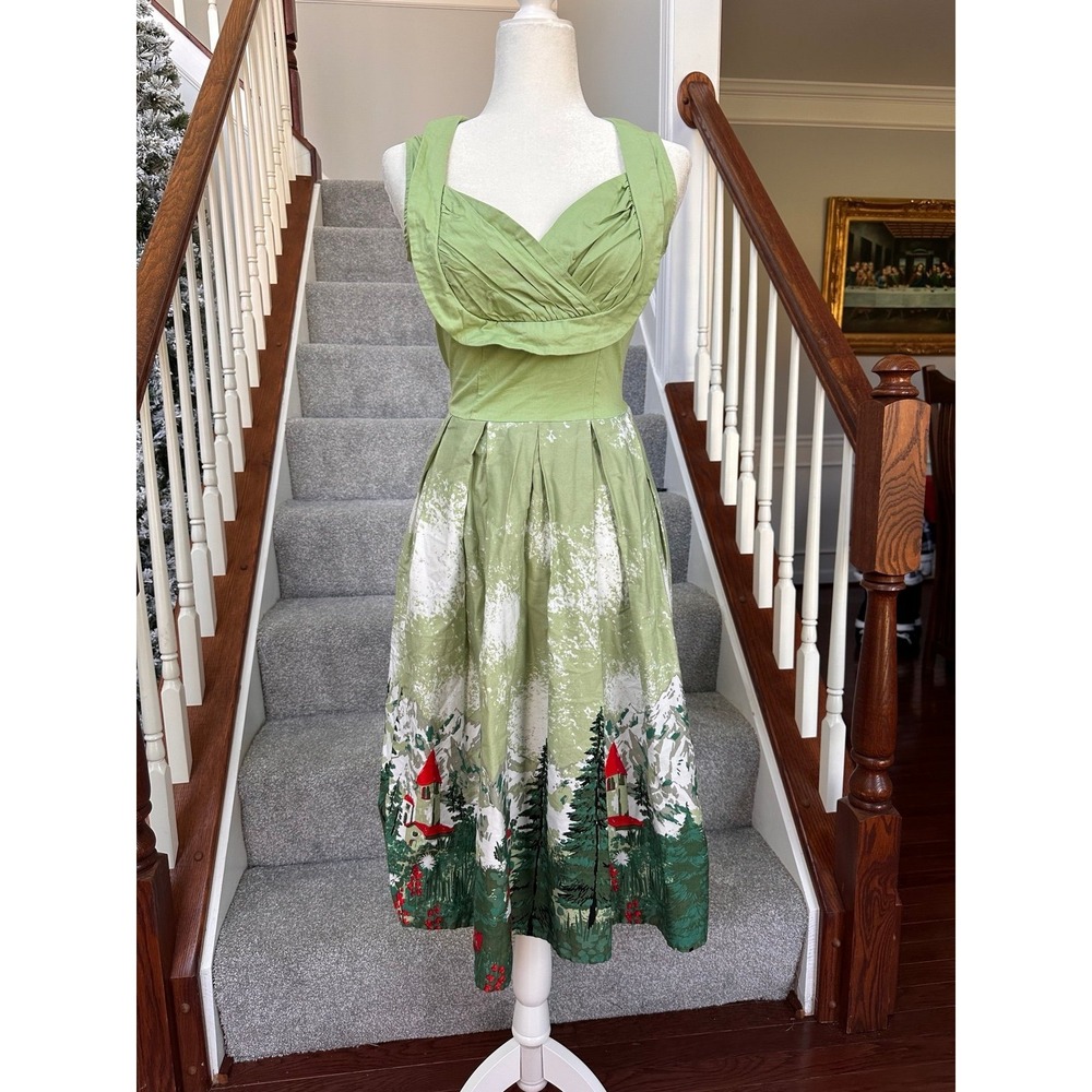 Unique Vintage 1950s Style Milk Maid Retro Swiss Alps Green White Cocktail Dress - Picture 7 of 12